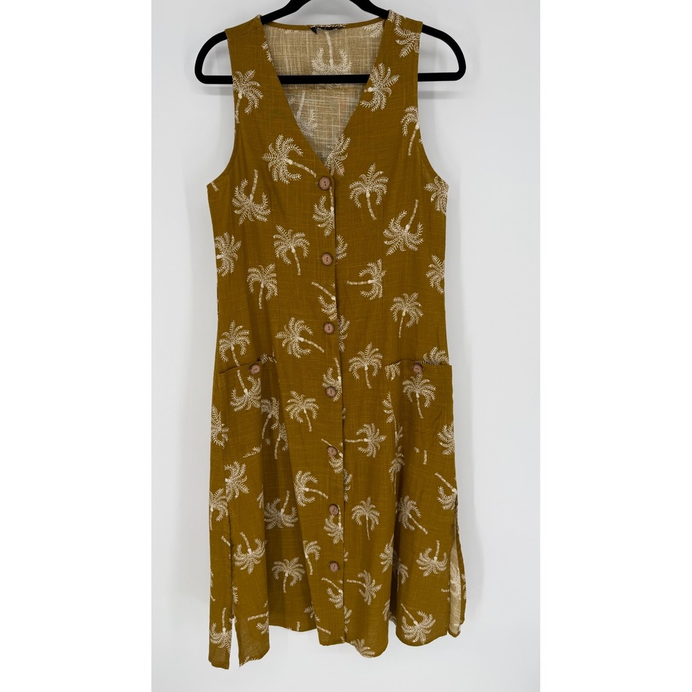 TEX PALM PRINT BUTTON FRONT DRESS 100% COTTON MIDI MEDIUM NEUTRAL RESORTWEAR